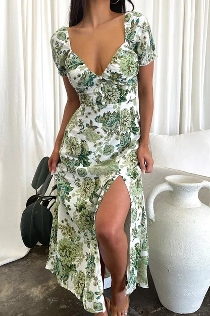 Women's Floral Elegant Midi Summer Dress with Sweetheart Neckline