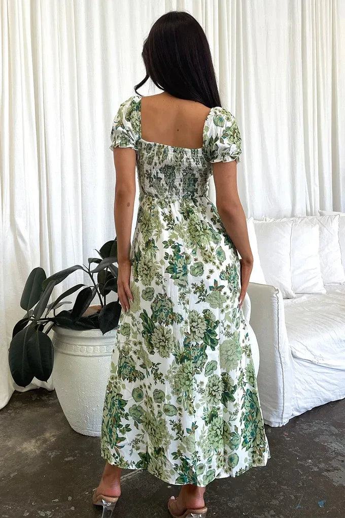 Women's Floral Elegant Midi Summer Dress with Sweetheart Neckline