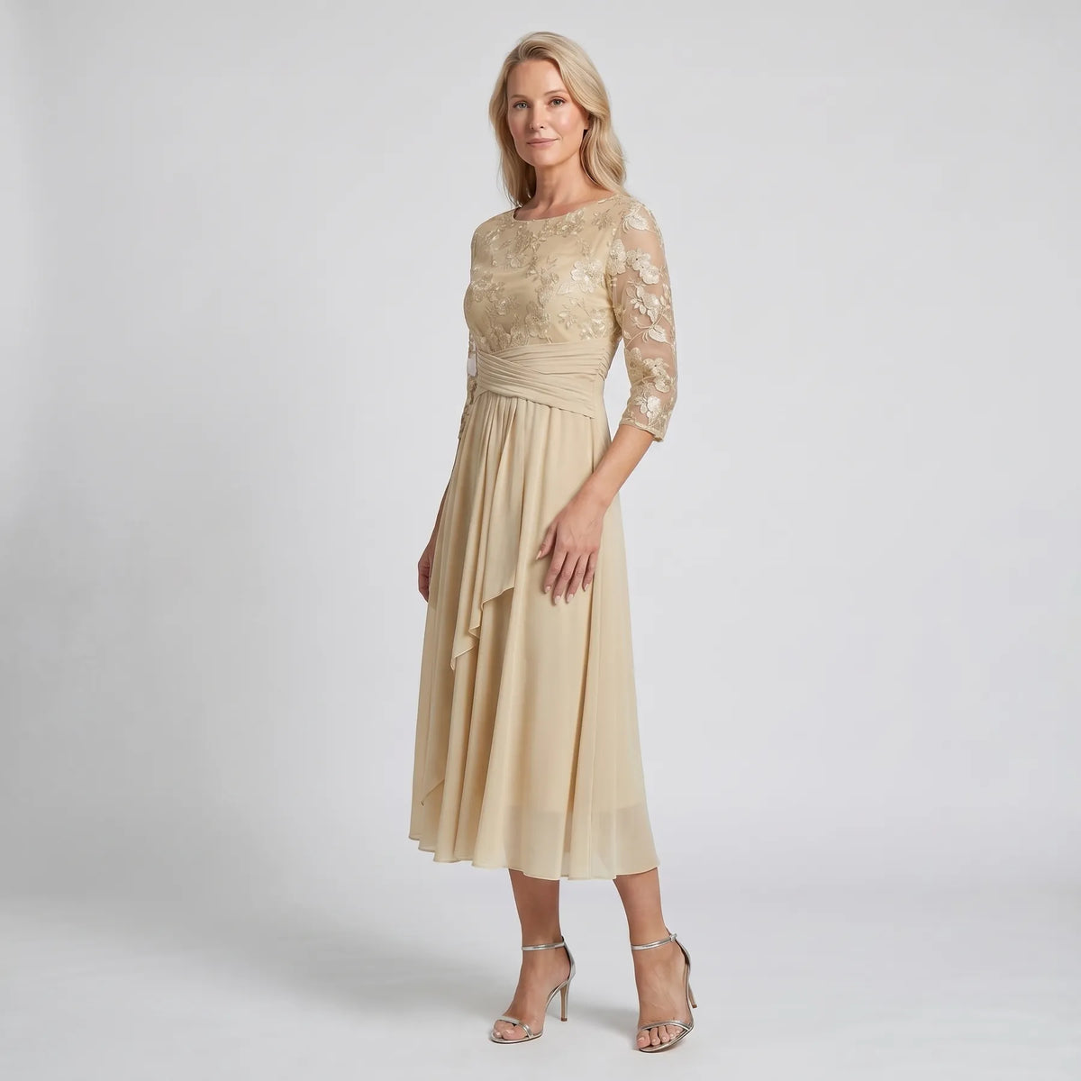 Women’s Floral Elegant Midi Wedding Guest Dress with Ruched Waist