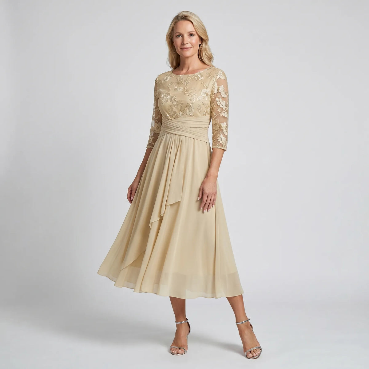 Women’s Floral Elegant Midi Wedding Guest Dress with Ruched Waist