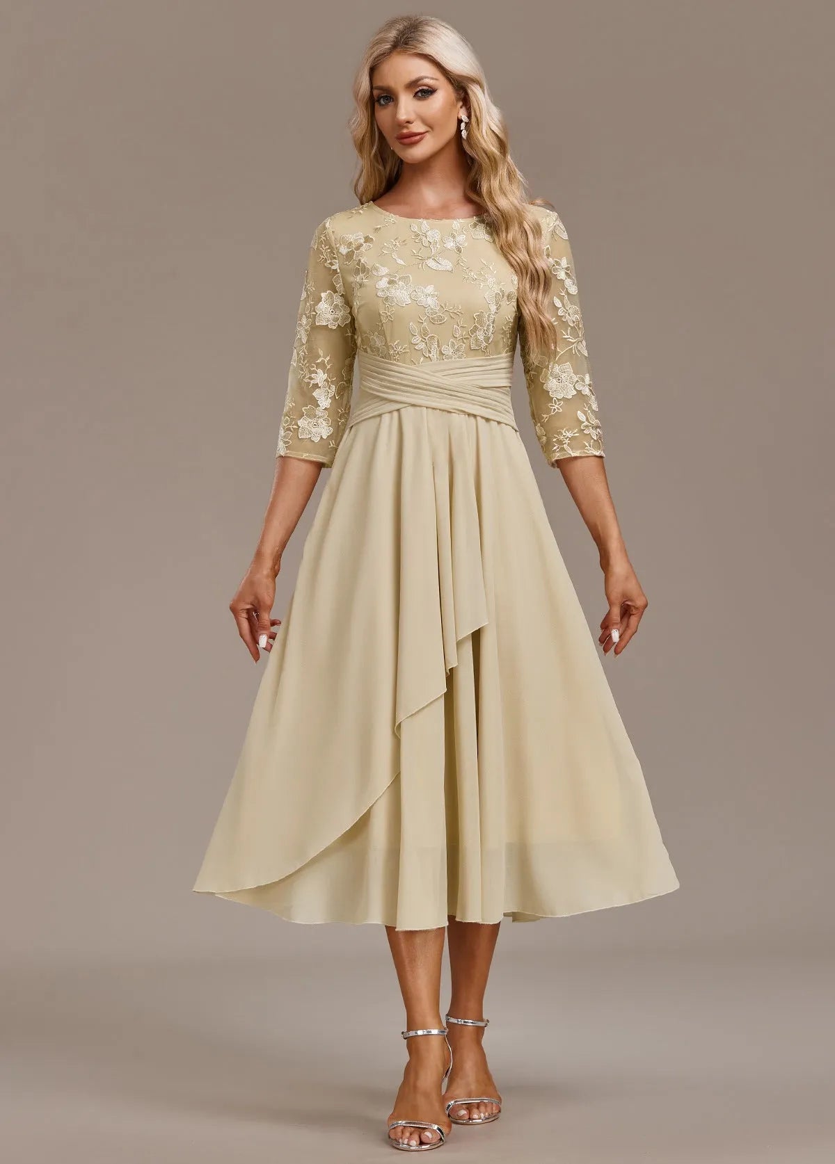 Women’s Floral Elegant Midi Wedding Guest Dress with Ruched Waist
