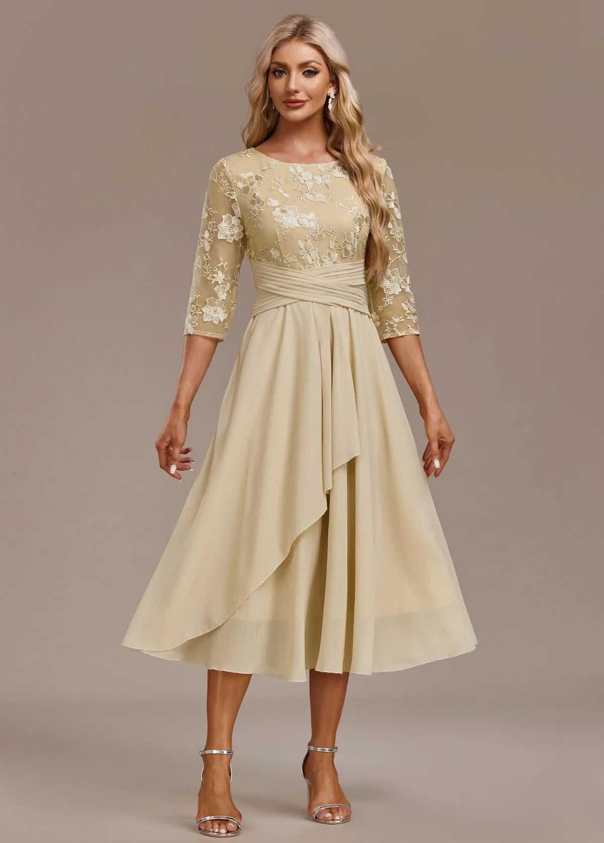 Women’s Floral Elegant Midi Wedding Guest Dress with Ruched Waist