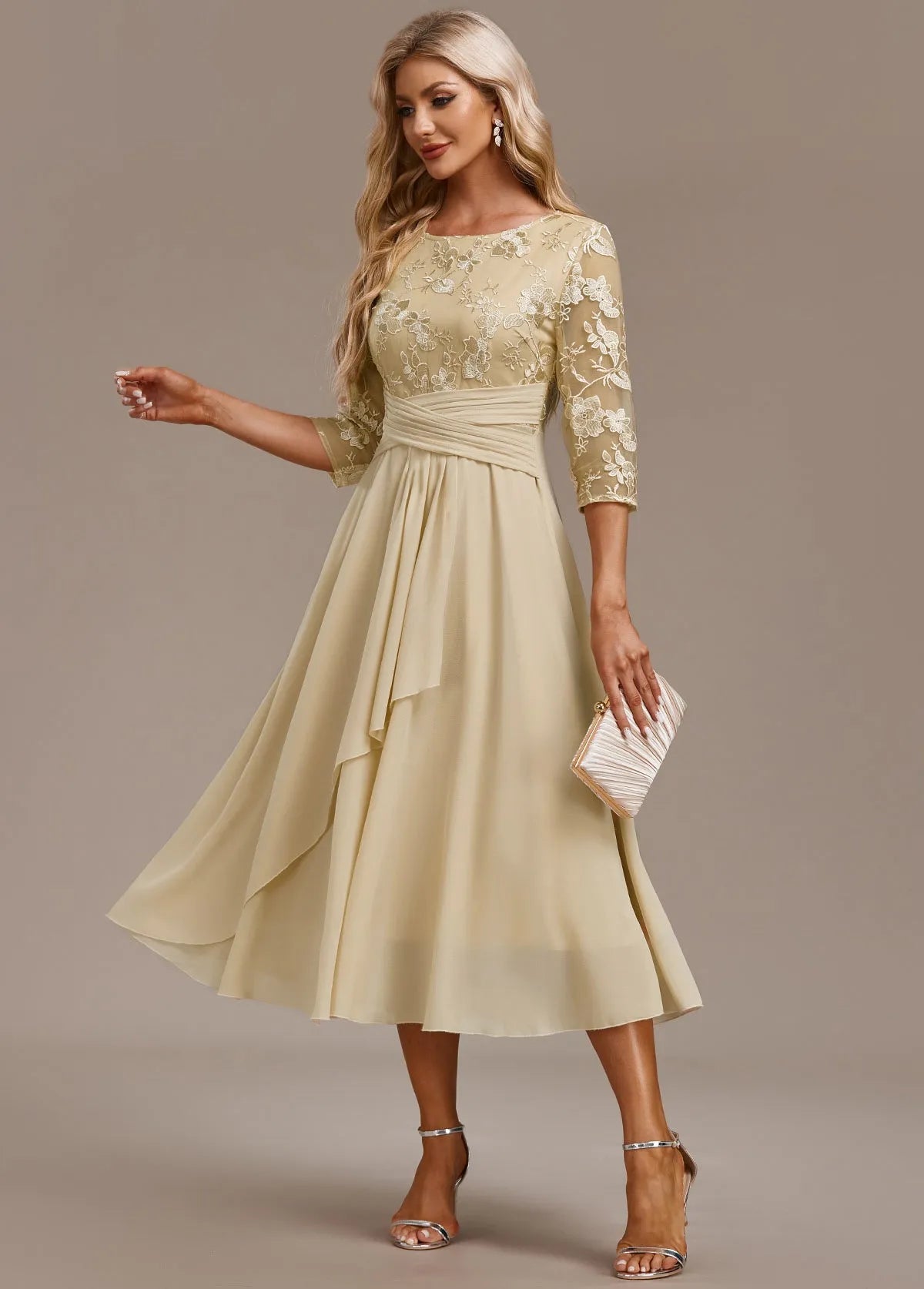 Women’s Floral Elegant Midi Wedding Guest Dress with Ruched Waist