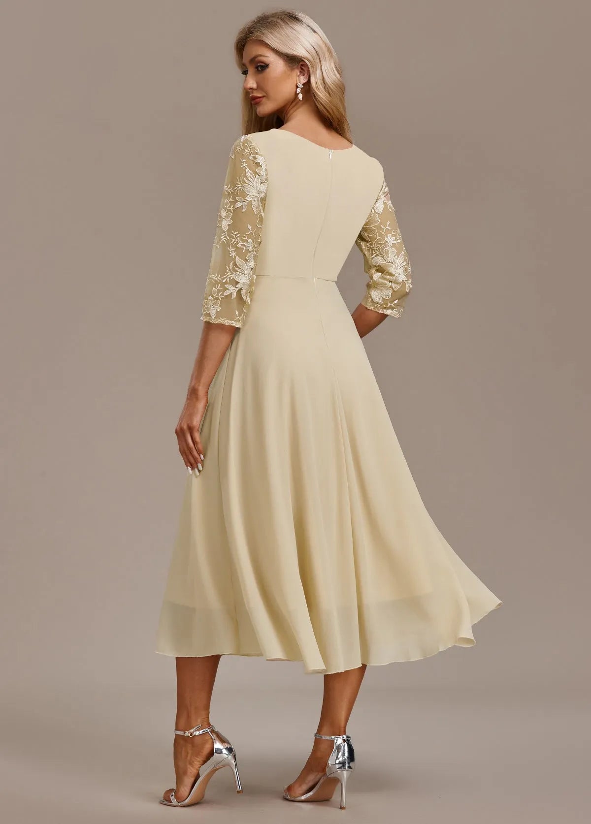 Women’s Floral Elegant Midi Wedding Guest Dress with Ruched Waist