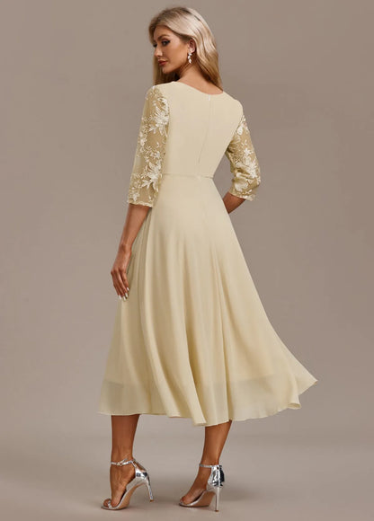 Women’s Floral Elegant Midi Wedding Guest Dress with Ruched Waist