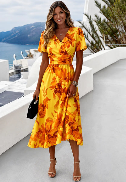 Women’s Floral Elegant Midi Wedding Guest Dress with Short Sleeves