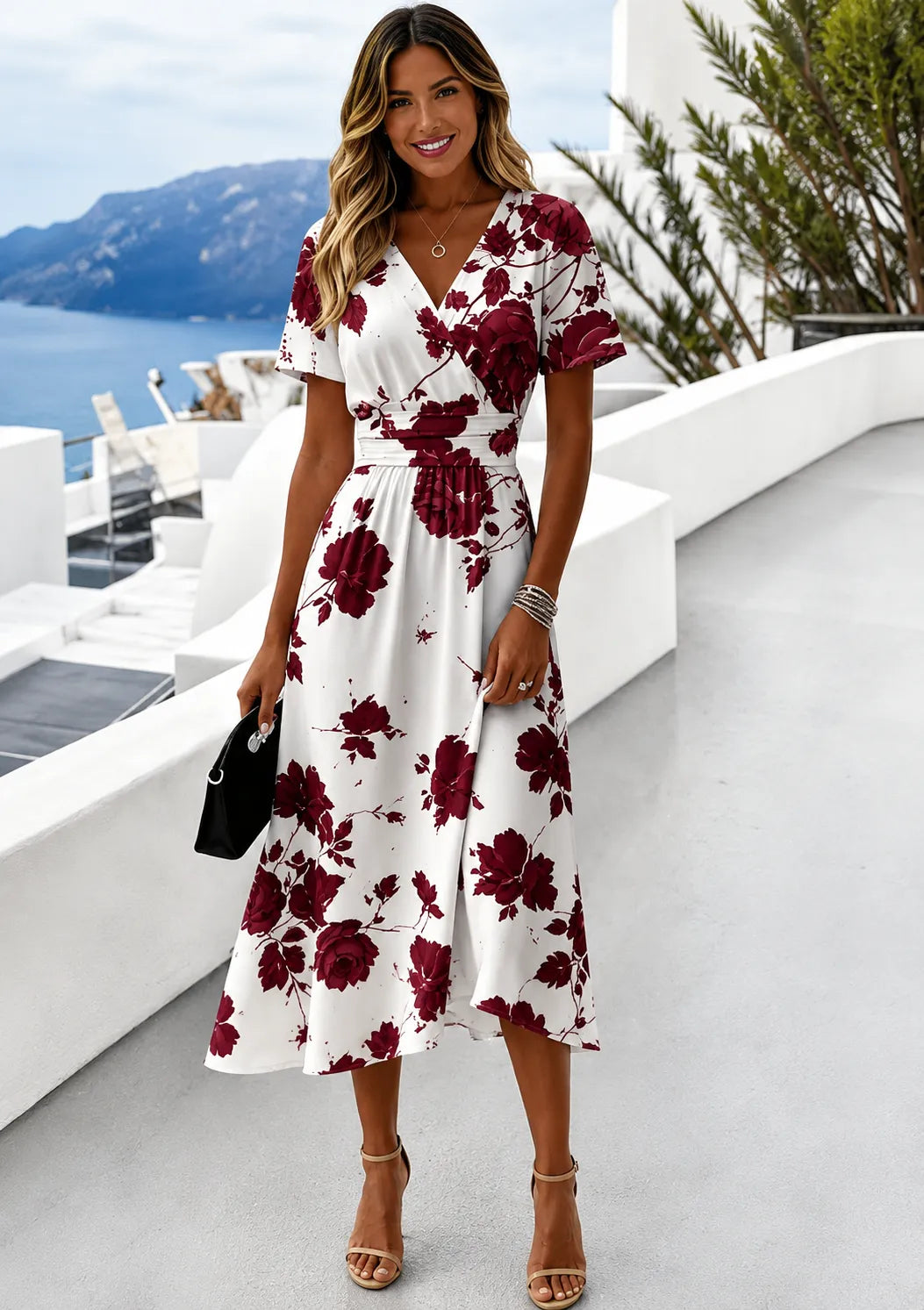 Women’s Floral Elegant Midi Wedding Guest Dress with Short Sleeves
