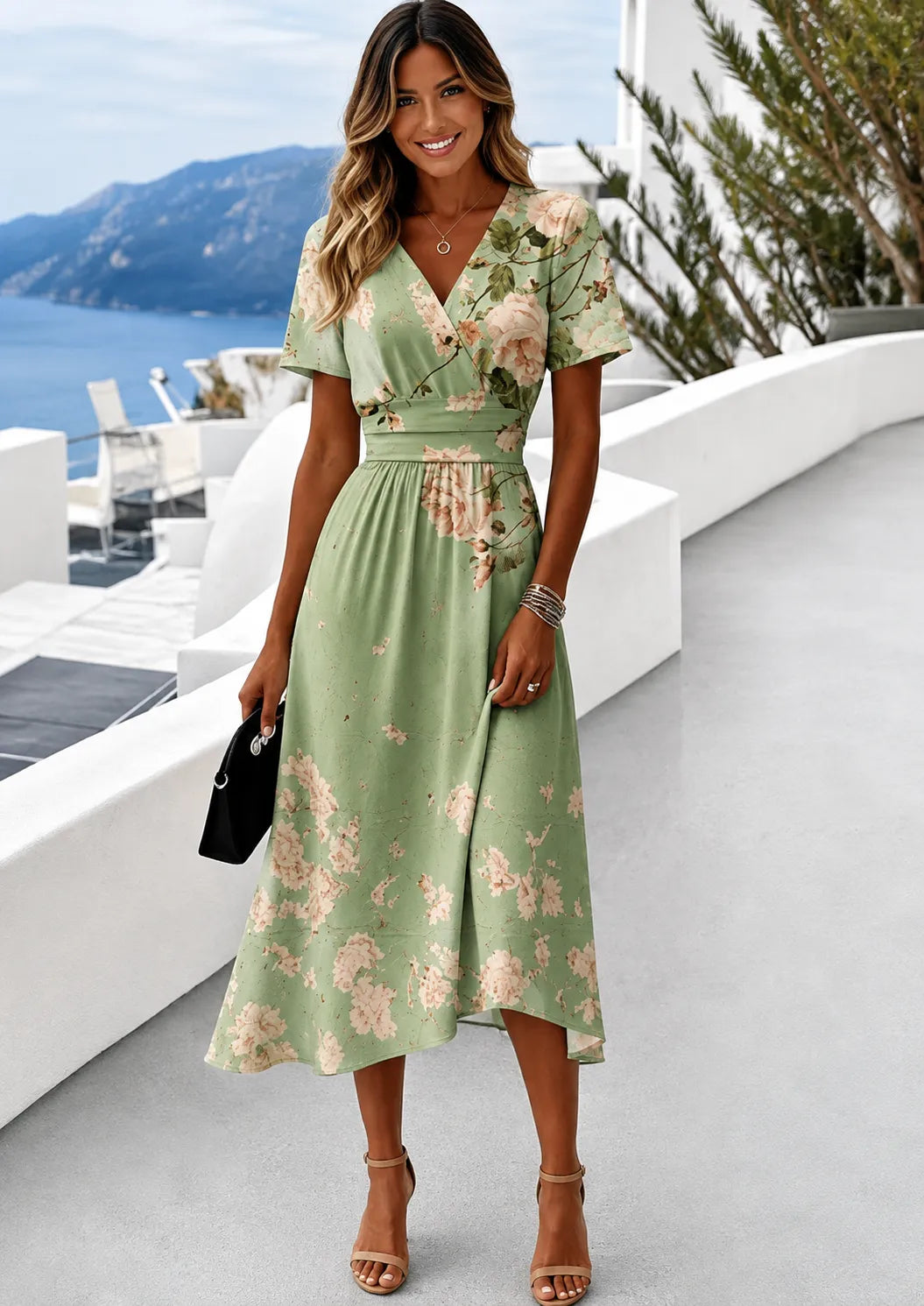 Women’s Floral Elegant Midi Wedding Guest Dress with Short Sleeves