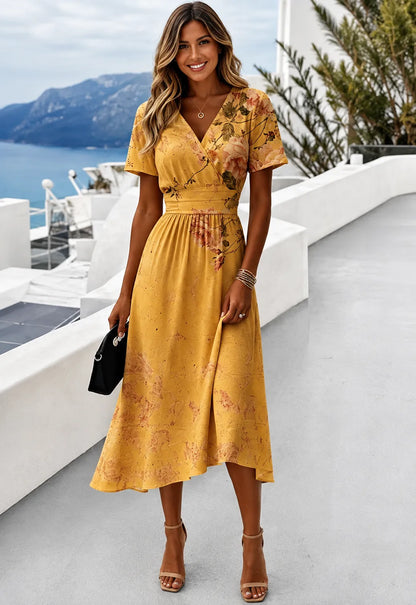 Women’s Floral Elegant Midi Wedding Guest Dress with Short Sleeves
