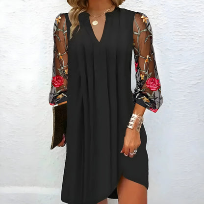 Women’s Floral Elegant Midi Wedding Guest Dress with V-Neck