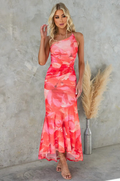 Women's Floral Formal Maxi Wedding Guest Dress with One Shoulder