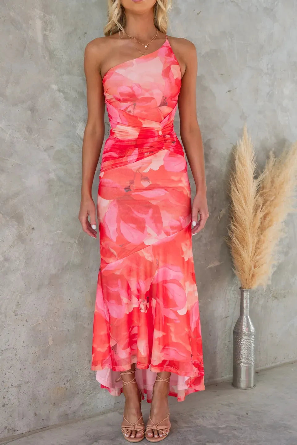 Women's Floral Formal Maxi Wedding Guest Dress with One Shoulder