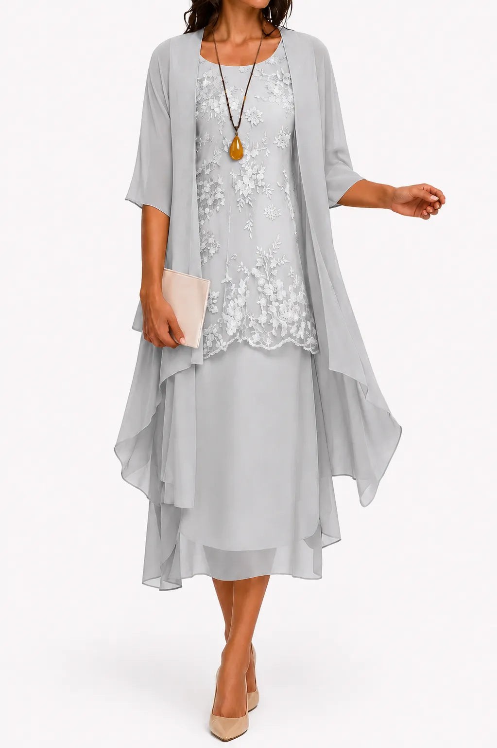Women’s Floral Formal Midi Wedding Guest Dress with Cape