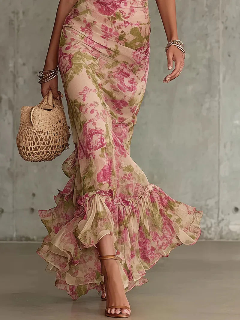 Women's Floral High Neck Maxi Wedding Guest Dress with Ruffle