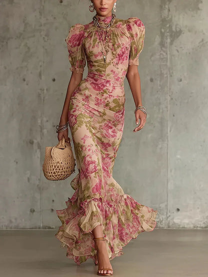 Women's Floral High Neck Maxi Wedding Guest Dress with Ruffle