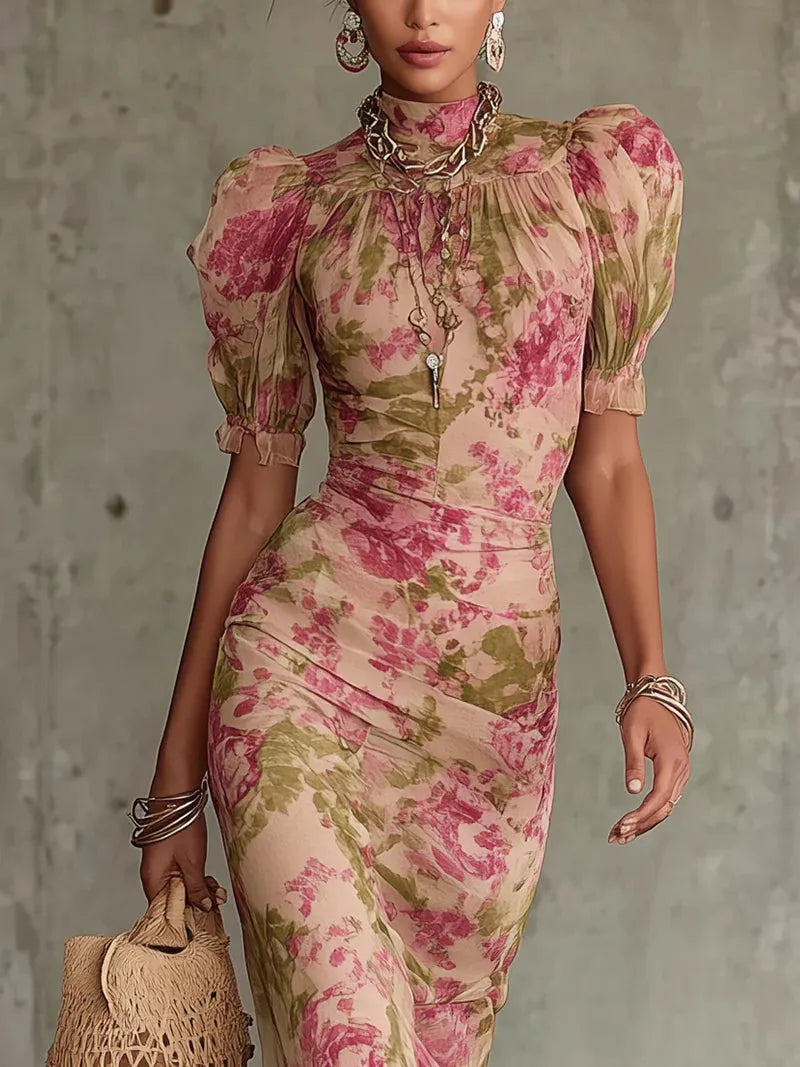 Women's Floral High Neck Maxi Wedding Guest Dress with Ruffle