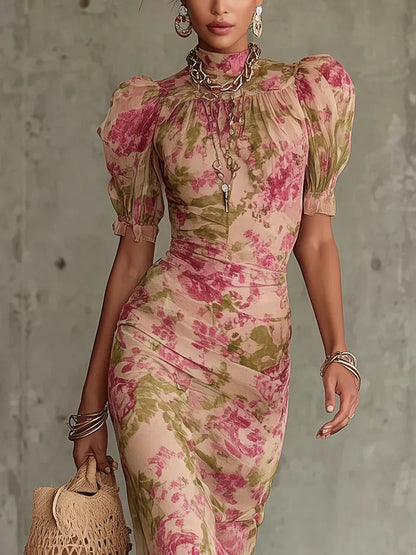 Women's Floral High Neck Maxi Wedding Guest Dress with Ruffle
