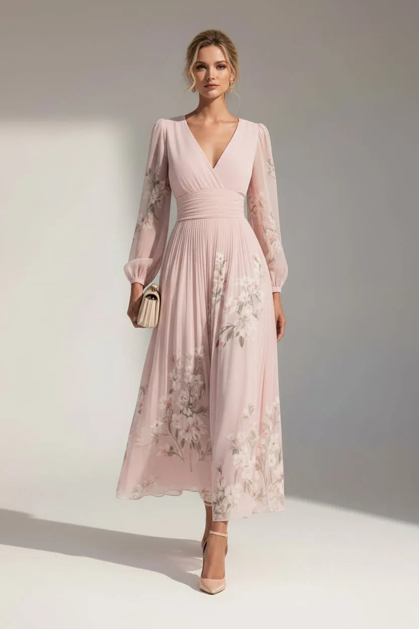 Women's Floral Long Sleeve Maxi Wedding Guest Dress with V-Neck