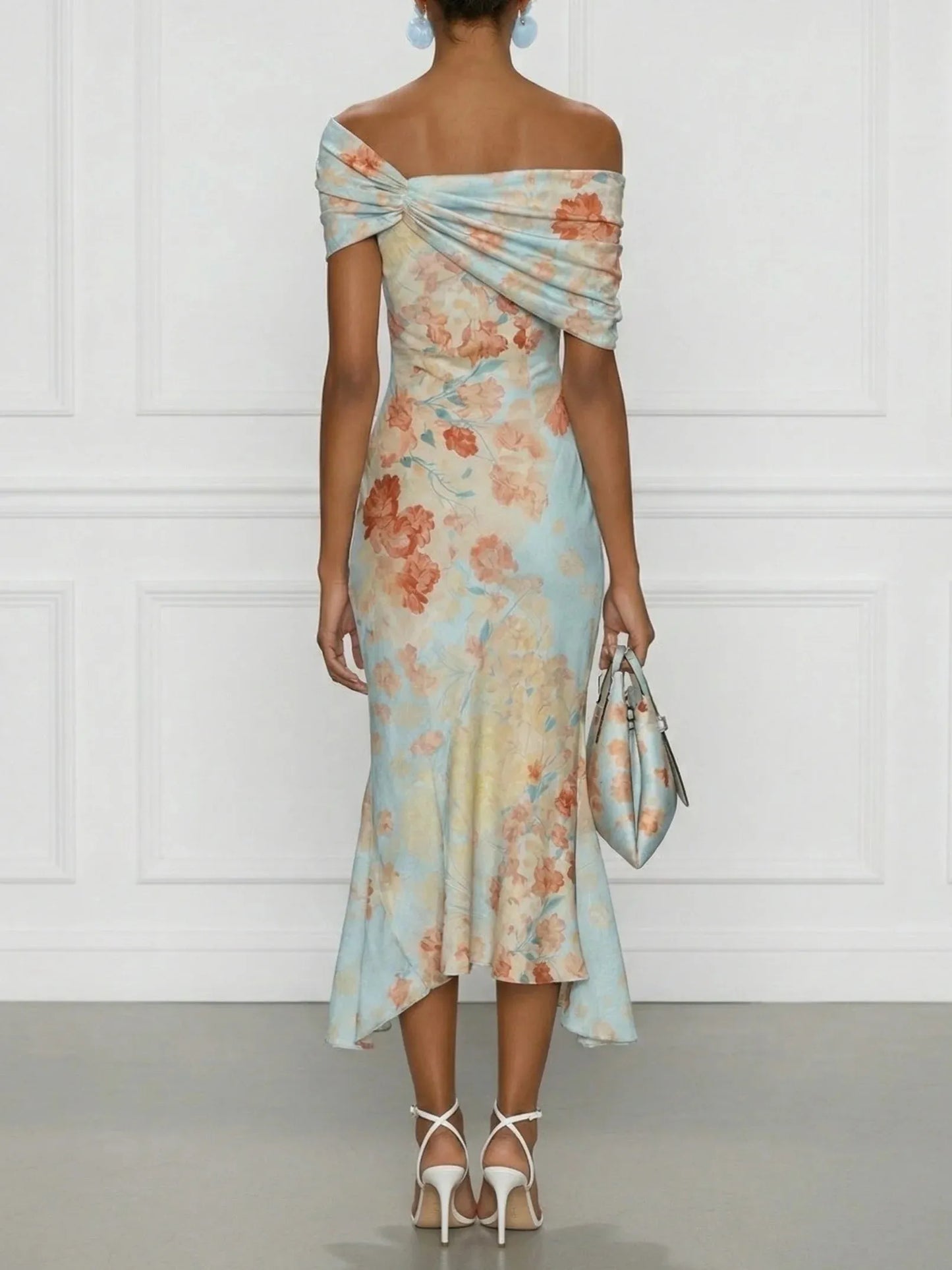Women’s Floral Mermaid Maxi Wedding Guest Dress with Off-Shoulder Neckline