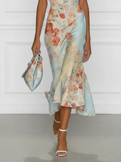 Women’s Floral Mermaid Maxi Wedding Guest Dress with Off-Shoulder Neckline