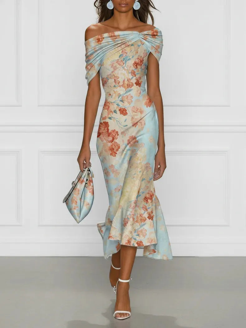 Women’s Floral Mermaid Maxi Wedding Guest Dress with Off-Shoulder Neckline