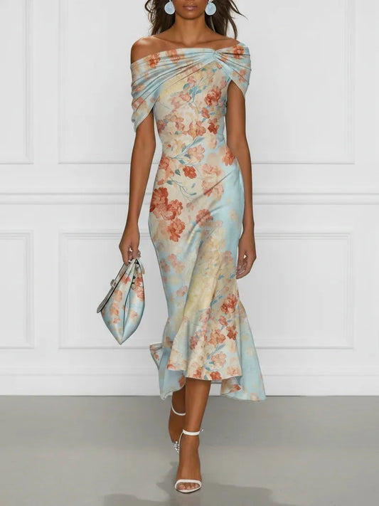 Women’s Floral Mermaid Maxi Wedding Guest Dress with Off-Shoulder Neckline