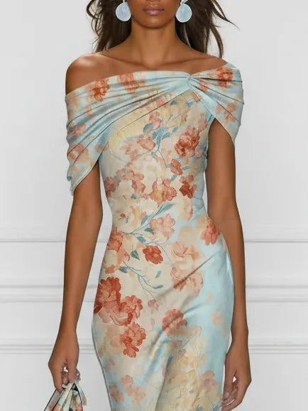 Women’s Floral Mermaid Maxi Wedding Guest Dress with Off-Shoulder Neckline