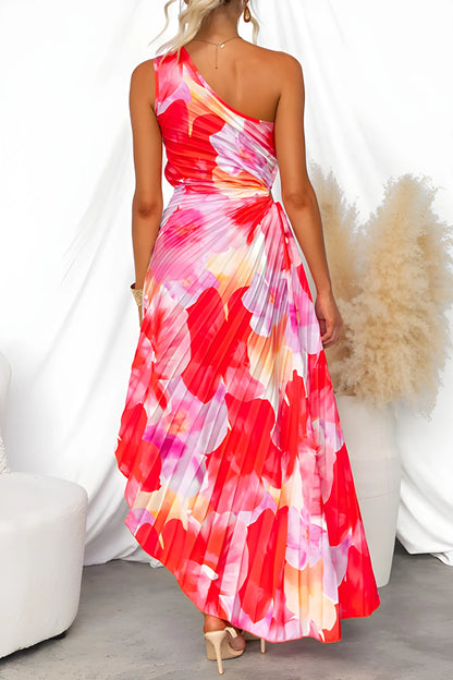 Women’s Elegant Floral Maxi Wedding Guest Dress with Pleated Detail