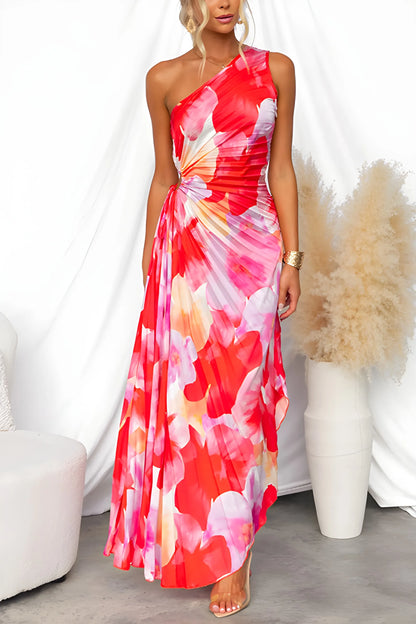 Women’s Elegant Floral Maxi Wedding Guest Dress with Pleated Detail