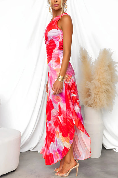 Women’s Elegant Floral Maxi Wedding Guest Dress with Pleated Detail