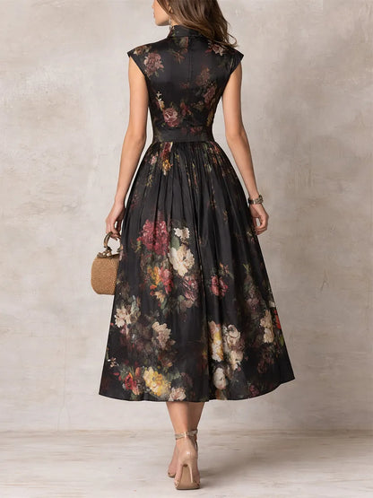 Women's Floral Pleated Midi Wedding Guest Dress with High Neck