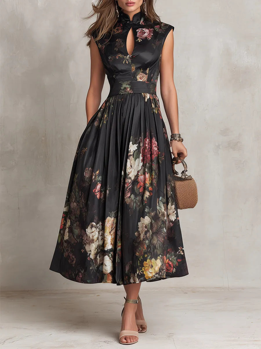 Women's Floral Pleated Midi Wedding Guest Dress with High Neck