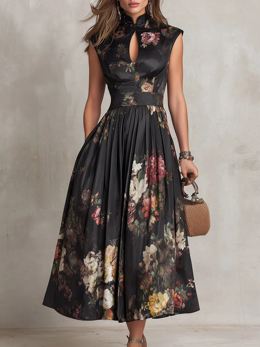 Women's Floral Pleated Midi Wedding Guest Dress with High Neck
