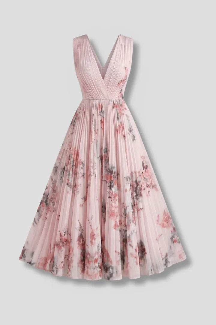 Women’s Floral Pleated Midi Wedding Guest Dress with V-Neck