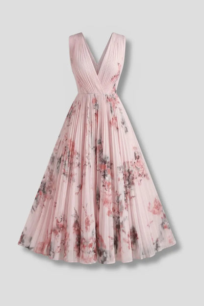 Women’s Floral Pleated Midi Wedding Guest Dress with V-Neck