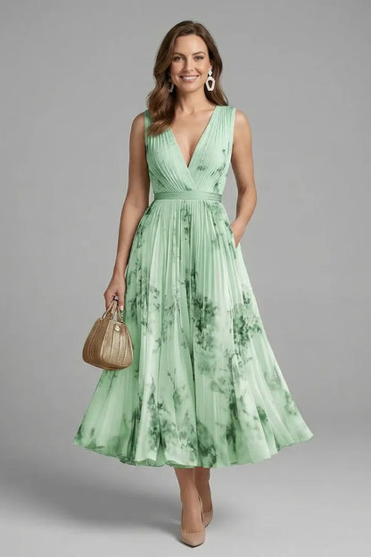 Women’s Floral Pleated Midi Wedding Guest Dress with V-Neck