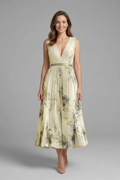 Women’s Floral Pleated Midi Wedding Guest Dress with V-Neck