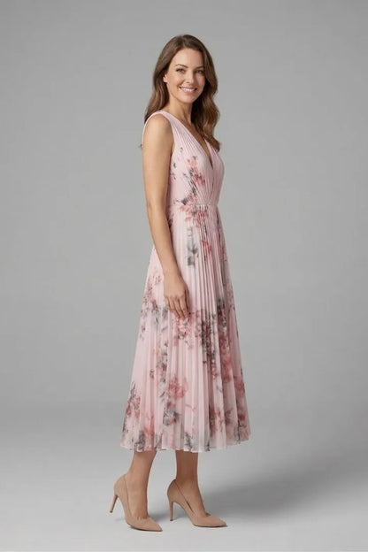 Women’s Floral Pleated Midi Wedding Guest Dress with V-Neck