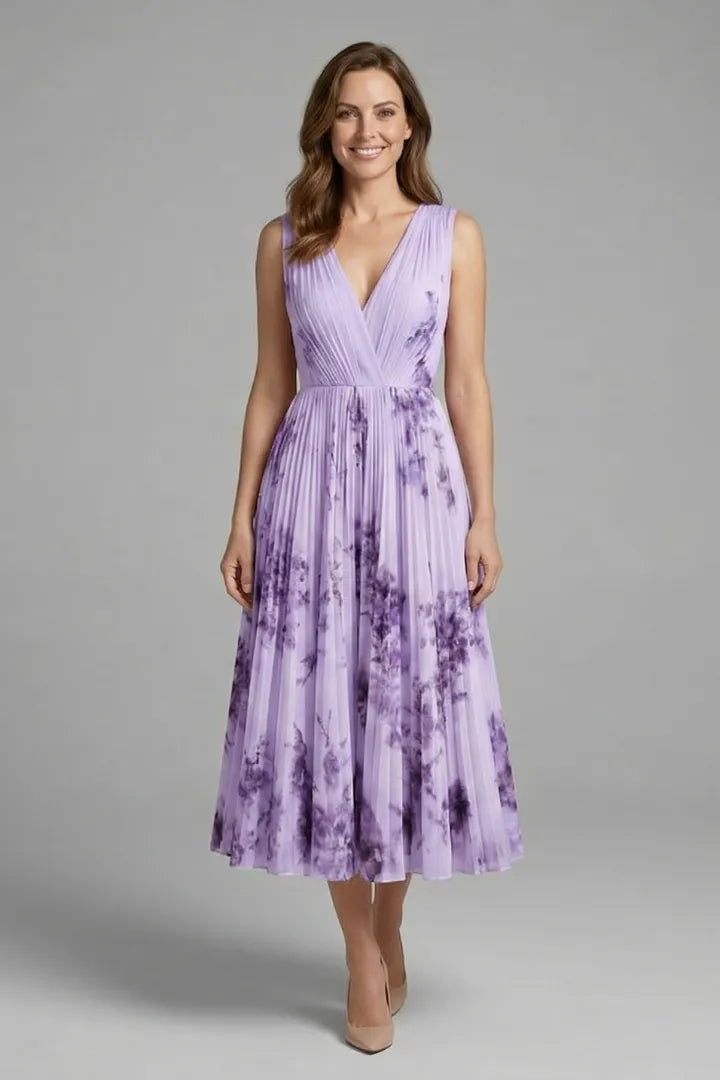 Women’s Floral Pleated Midi Wedding Guest Dress with V-Neck