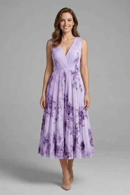 Women’s Floral Pleated Midi Wedding Guest Dress with V-Neck