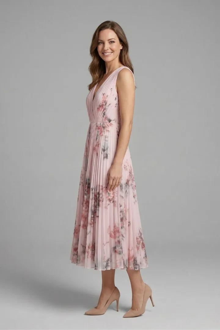 Women’s Floral Pleated Midi Wedding Guest Dress with V-Neck