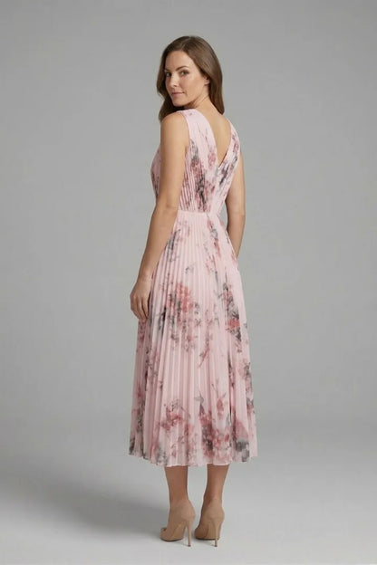 Women’s Floral Pleated Midi Wedding Guest Dress with V-Neck