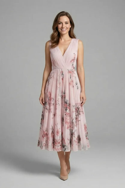 Women’s Floral Pleated Midi Wedding Guest Dress with V-Neck