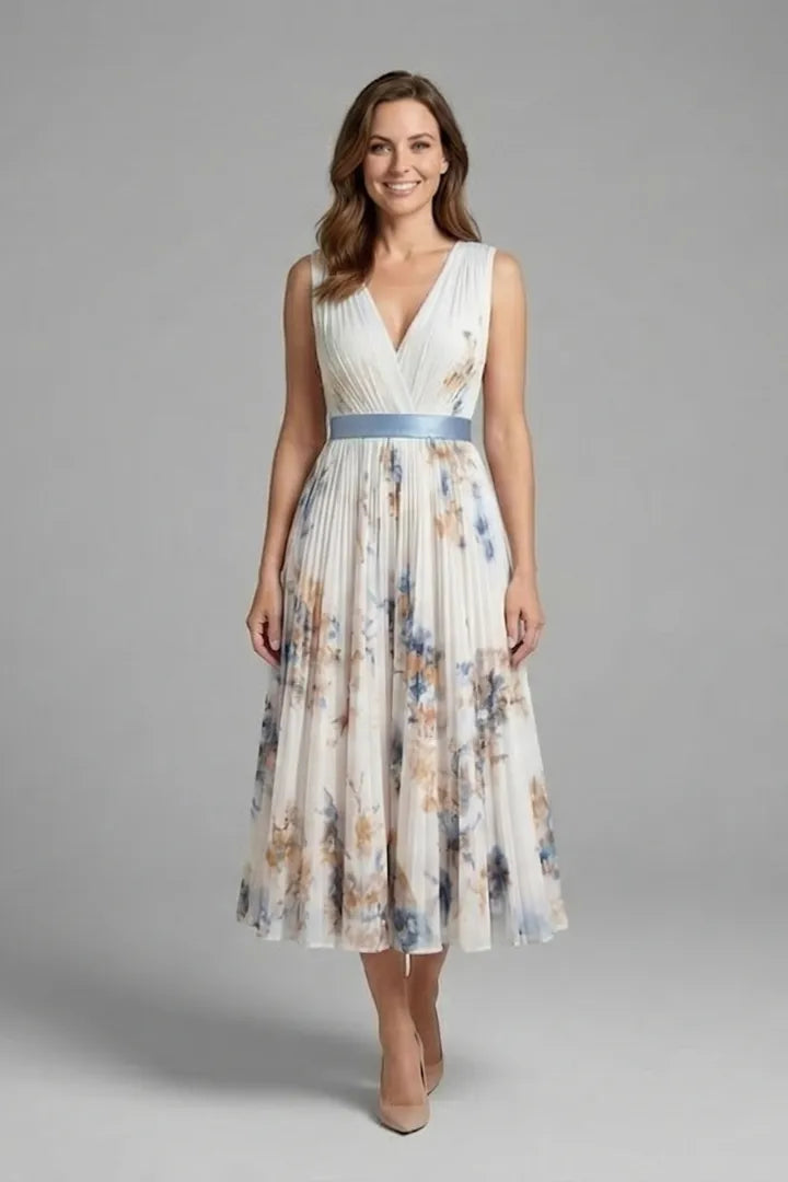 Women’s Floral Pleated Midi Wedding Guest Dress with V-Neck