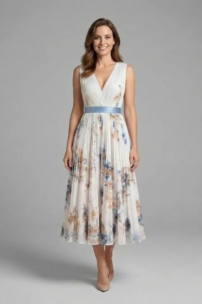 Women’s Floral Pleated Midi Wedding Guest Dress with V-Neck