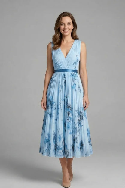 Women’s Floral Pleated Midi Wedding Guest Dress with V-Neck