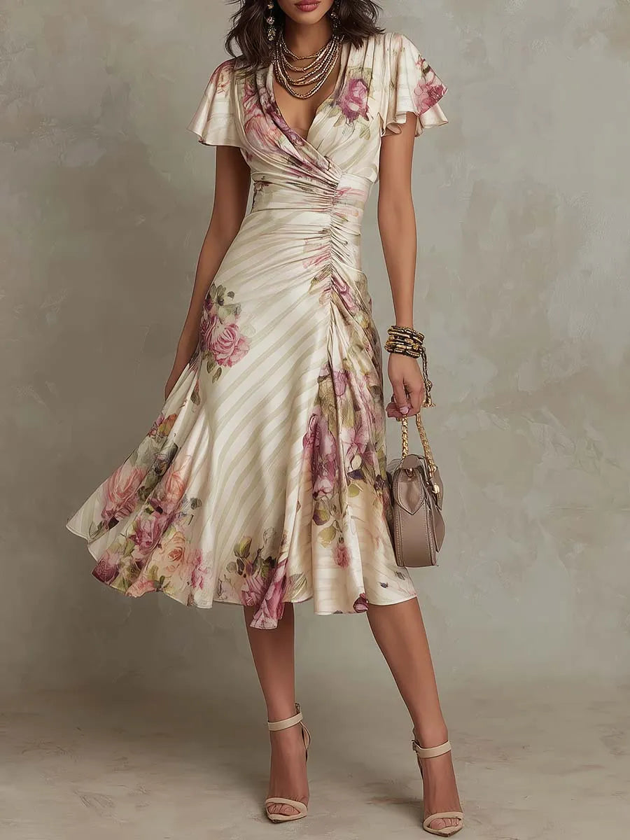 Women’s Floral Ruched Midi Wedding Guest Dress with Flutter Sleeves