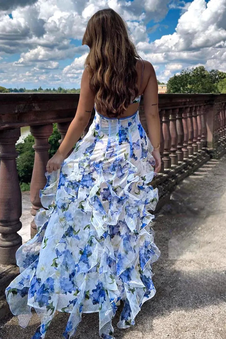 Women's Floral Ruffle Maxi Wedding Guest Dress with Spaghetti Strap