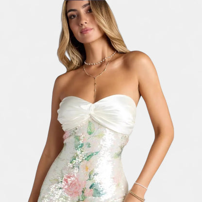 Women’s Floral Sequin Mini Cocktail Dress with Sweetheart Neckline