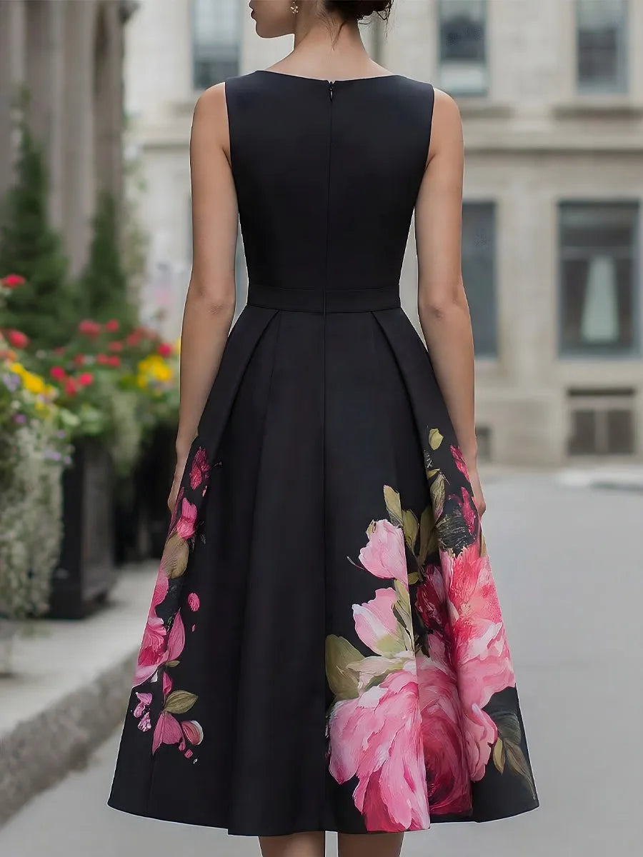 Women's Floral Sleeveless Midi Wedding Guest Dress with Boat Neck